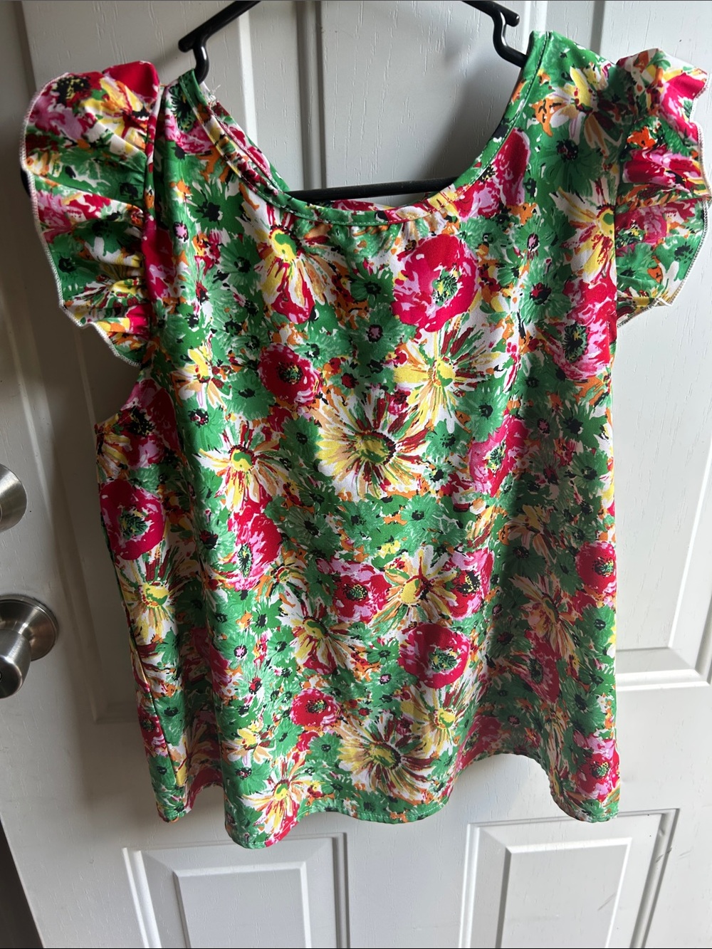 SHEIN Green Floral Ruffle-Sleeve Blouse with Pink & Yellow Blooms